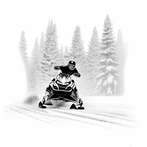 A dotwork design of a snowmobile racing through a snowy forest with a subtle stock market graph incorporated into the background tattoo design idea