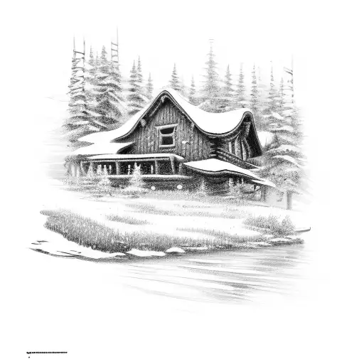A sketch style tattoo of a cozy cabin in the woods with a fishing pole leaning against the porch, and a snowmobile parked nearby tattoo design idea