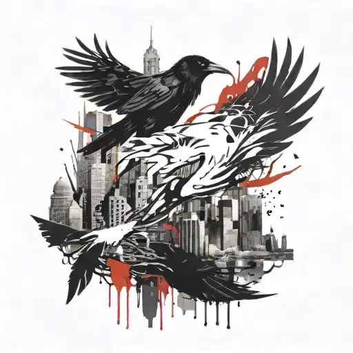 Raven with burning city skyline tattoo design idea