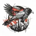 Raven with burning city skyline tattoo design idea