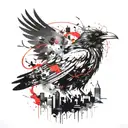 Raven with burning city skyline tattoo design idea