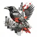 Raven with burning city skyline tattoo design idea