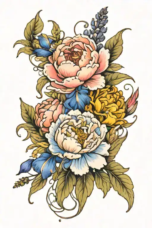 coral peony, blue iris, and goldenrod flowers intertwined tattoo design idea