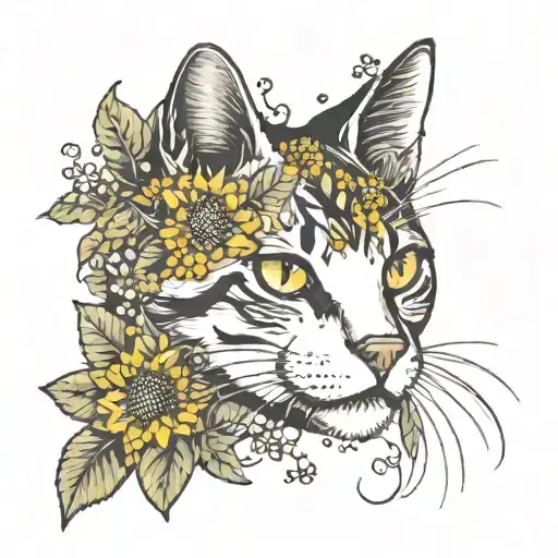 cat face with goldenrod flowers  tattoo design idea