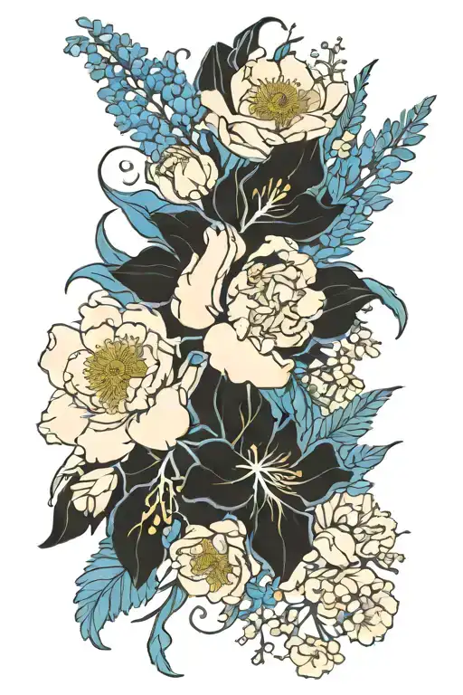 coral  peony, blue iris, and goldenrod flowers intertwined tattoo design idea