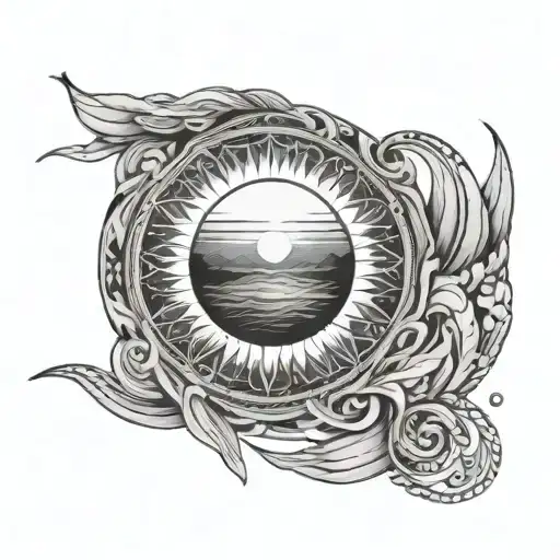 bohemian sun in a circle with sea and dunes inside  tattoo design idea