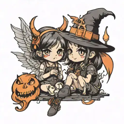 little girl witch x devil wings watching tattoo design idea