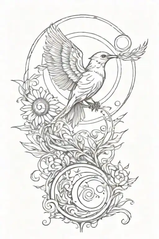 rising bird with sun and moon surrounded tattoo design idea