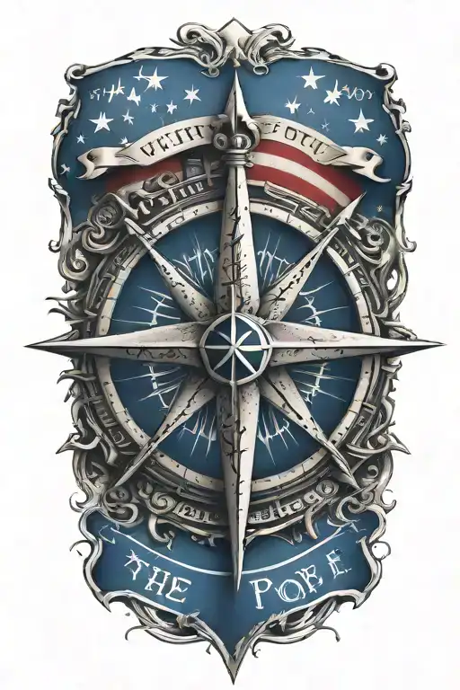 nautical star compass  with American flag with we the people written in Old English script tattoo design idea
