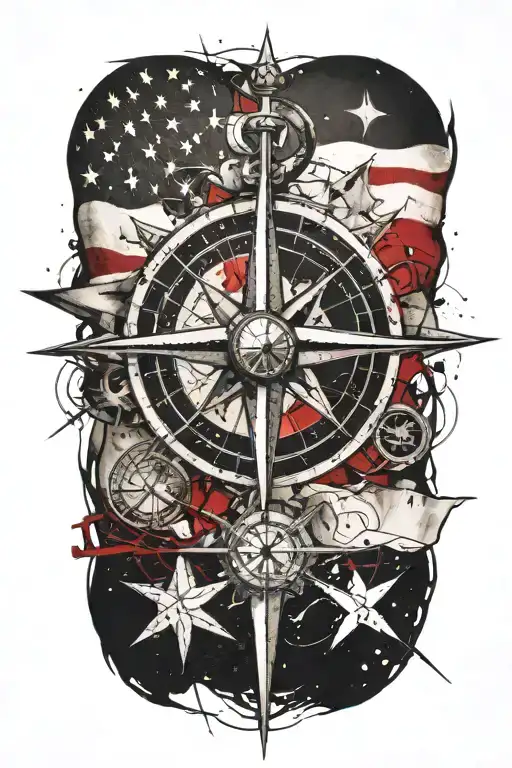 nautical star compass  with American flag tattoo design idea
