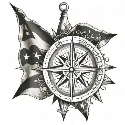 nautical star compass with American flag and we the people in Old English script tattoo design idea