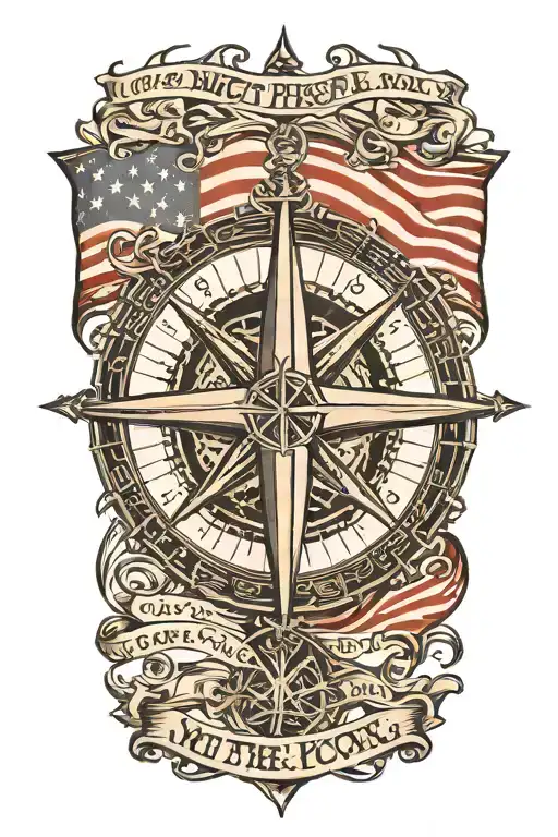 nautical star compass  with American flag with we the people written in Old English script tattoo design idea