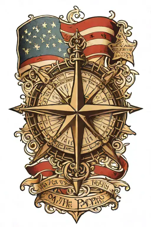 nautical star compass  with American flag with we the people written in Old English script tattoo design idea