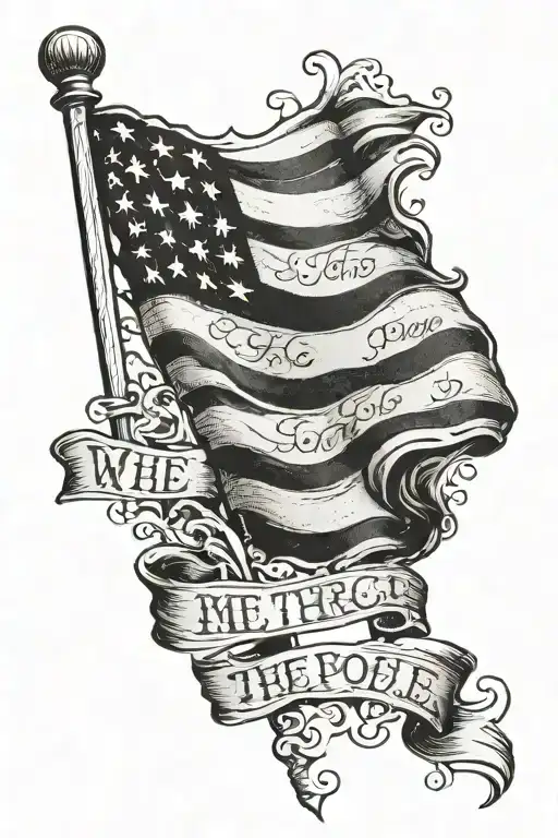 American flag and we the people written on it in Old English script tattoo design idea