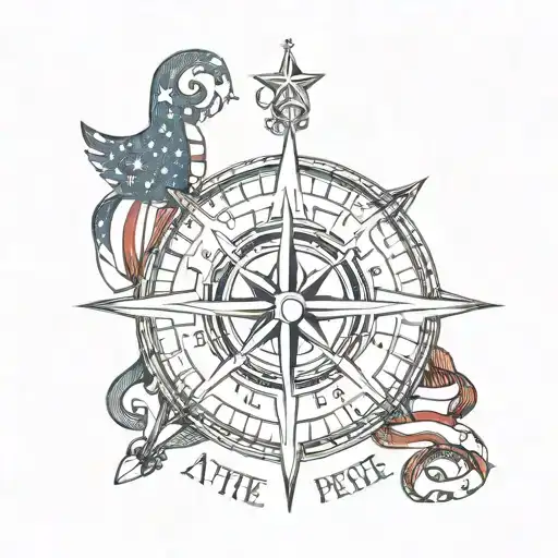 nautical star compass with American flag and we the people in Old English script tattoo design idea