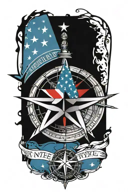 nautical star compass  with American flag with we the people written in Old English script tattoo design idea