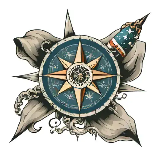 nautical star compass with American flag and we the people in Old English script tattoo design idea