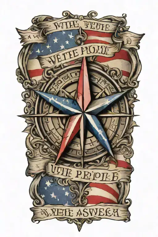 nautical star compass  with American flag with we the people written in Old English script tattoo design idea