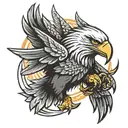 A fierce eagle clutching a trident in its talons, symbolizing strength and power tattoo design idea
