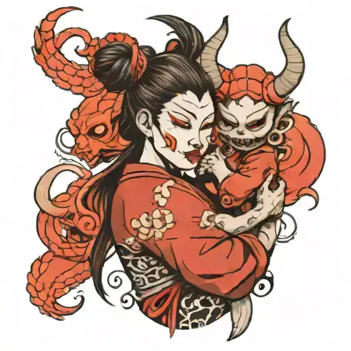 woman in a mask of a Japanese demon with a child in her arms tattoo design idea