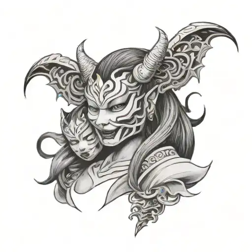 woman in a mask of a Japanese demon with a child in her arms tattoo design idea