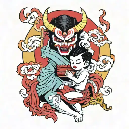 woman in a mask of a Japanese demon with a child in her arms tattoo design idea