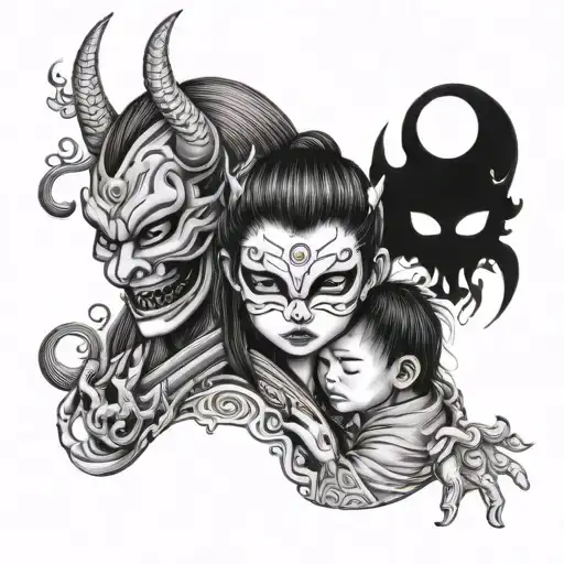 japanese girl in demon mask with child holding hands tattoo design idea