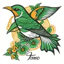 swallow bird green white and orange with name above tomo   tattoo design idea