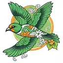 swallow bird green white and orange with name above tomo   tattoo design idea
