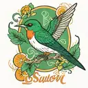 swallow bird green white and orange with name above tomo   tattoo design idea