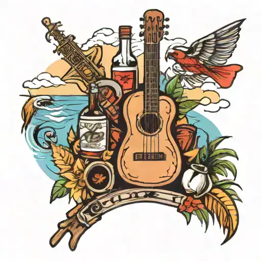 Design a tattoo featuring a mix of Cuban landmarks and symbols like the Malecón with musical instruments and rum bottles tattoo design idea