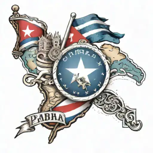Design a tattoo featuring a map of Cuba with a traditional Cuban flag, surrounded by symbols of 'patria y vida' tattoo design idea
