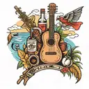 Design a tattoo featuring a mix of Cuban landmarks and symbols like the Malecón with musical instruments and rum bottles tattoo design idea
