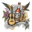 Design a tattoo featuring a mix of Cuban landmarks and symbols like the Malecón with musical instruments and rum bottles tattoo design idea