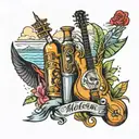 Design a tattoo featuring a mix of Cuban landmarks and symbols like the Malecón with musical instruments and rum bottles tattoo design idea
