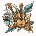 Design a tattoo featuring a mix of Cuban landmarks and symbols like the Malecón with musical instruments and rum bottles tattoo design idea