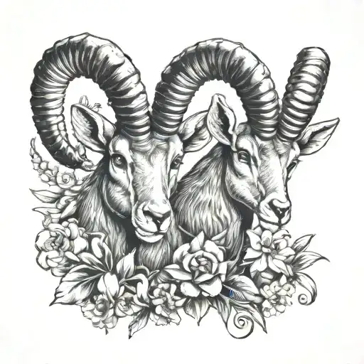 2x Ibex Heads with snowdrops and carnations tattoo design idea