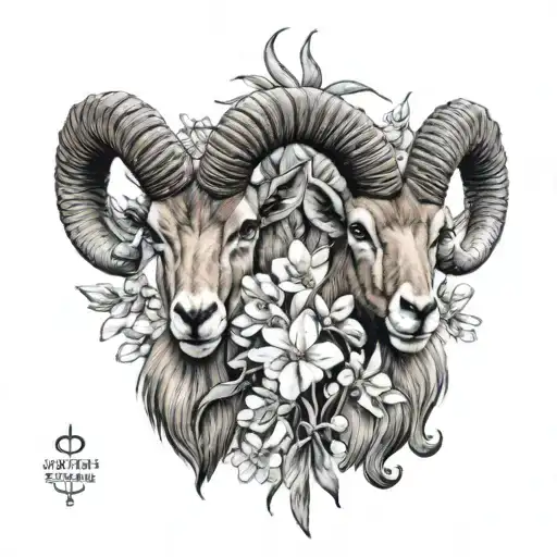 2x Ibex Heads with a ring of snowdrops and carnations tattoo design idea