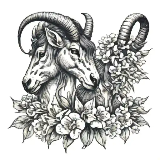 2x Capricorn Heads with snowdrops and carnations tattoo design idea