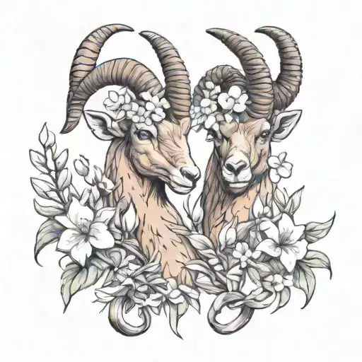 2x Ibex Heads with a ring of snowdrops and carnations tattoo design idea