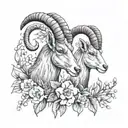 2x Ibex Heads with a ring of snowdrops and carnations tattoo design idea