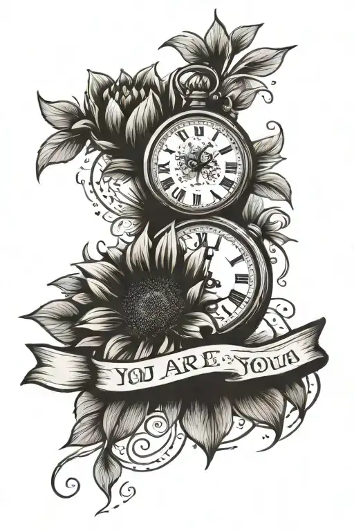Pocket watch with the bottom half surrounded by sunflowers and  the top saying You are you sunshine in cursive. tattoo design idea