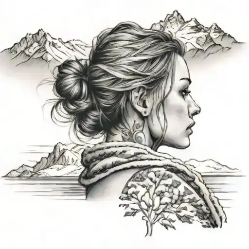 girl overlooking ocean and mountains in snow, she is sad and overlooking away from the foreground tattoo design idea