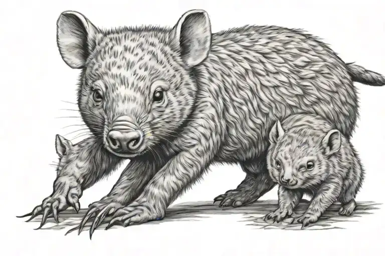 baby wombat adult wombat playing tattoo design idea