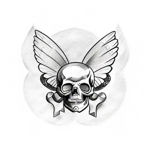 A sketch style tattoo of a skull with butterfly wings and a pink ribbon tattoo design idea