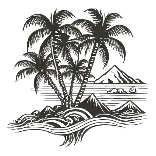 palm tree ocean and evergreen mountains incorporate god tattoo design idea