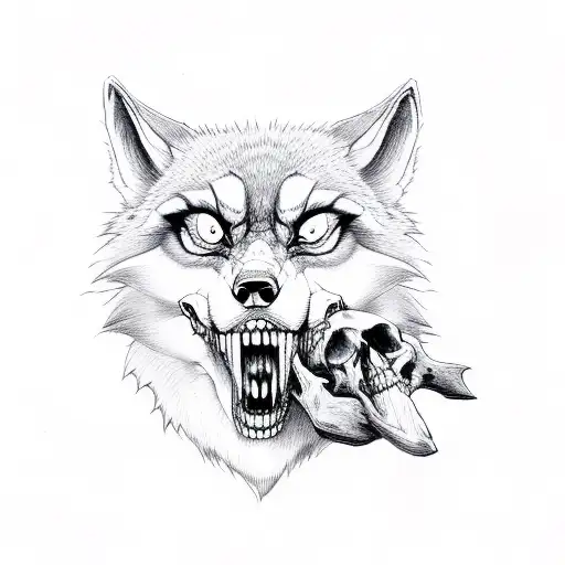 Evil looking wolf with skull in mouth  tattoo design idea
