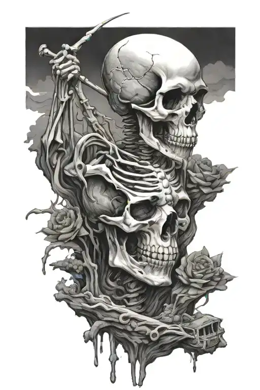 Charon floating on the river Styx and at the top in the background there is death in the form of a skull/skeleton. tattoo design idea