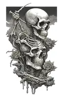 Charon floating on the river Styx and at the top in the background there is death in the form of a skull/skeleton. tattoo design idea