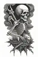 Charon floating on the river Styx and at the top in the background there is death in the form of a skull/skeleton. tattoo design idea